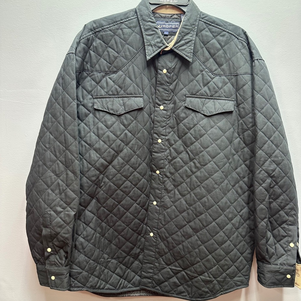 Roper Quilted Shirt Jacket Men's L Dark Gray Snap Front Cotton